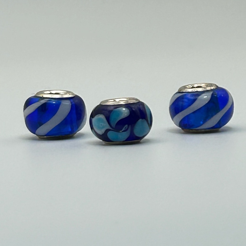 925 Silver Glass Spacer Beads Qty 3 Blue Swirl & Floral Unbranded